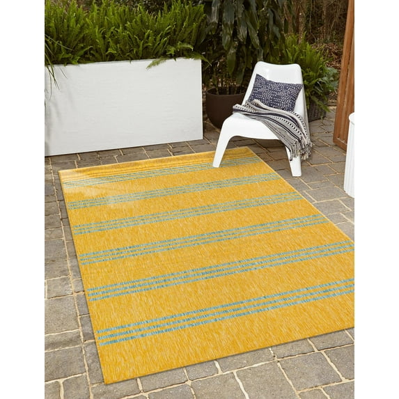 Rugs.com Jill Zarin Outdoor Collection Rug – 7' x 10' Yellow And Aqua Flatweave Rug Perfect For Bedrooms, Dining Rooms, Living Rooms