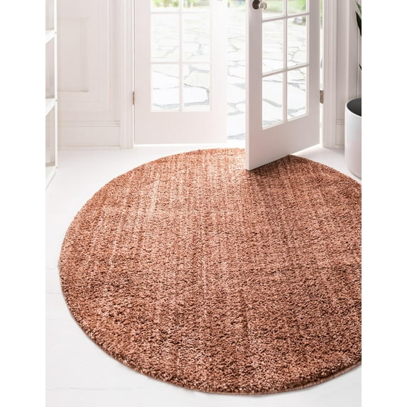 Rugs.com Jill Zarin Shaggy Chic Collection Rug – 7' Round Grapefruit Pink Shag Rug Perfect For Kitchens, Dining Rooms
