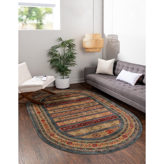 Rugs.com Kashkuli Gabbeh Collection Rug – 5' x 8' Oval Blue Medium Rug Perfect For Living Rooms, Large Dining Rooms, Open Floorplans
