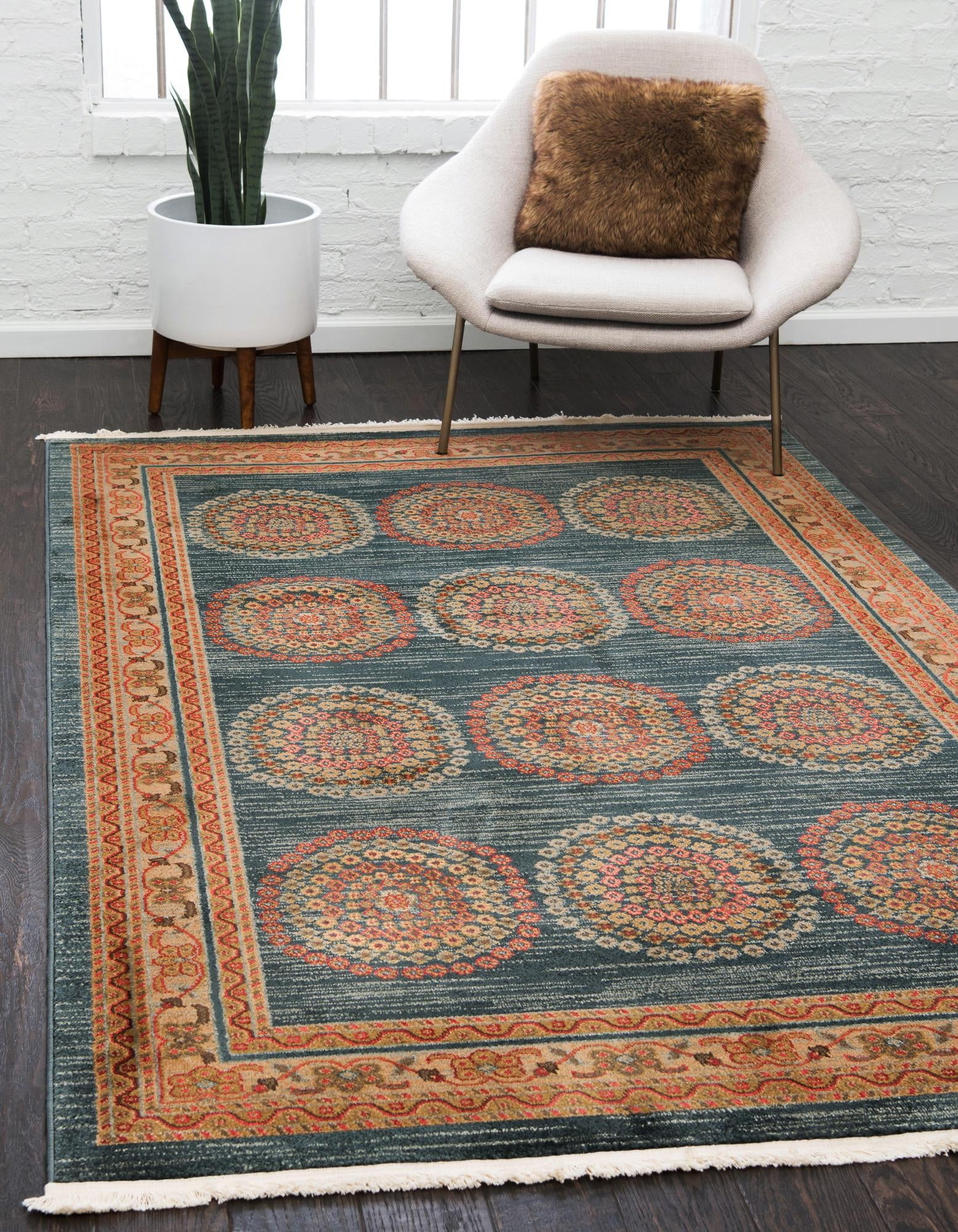 Blue Floral 9' x 12' Synthetic Stain-Resistant Area Rug