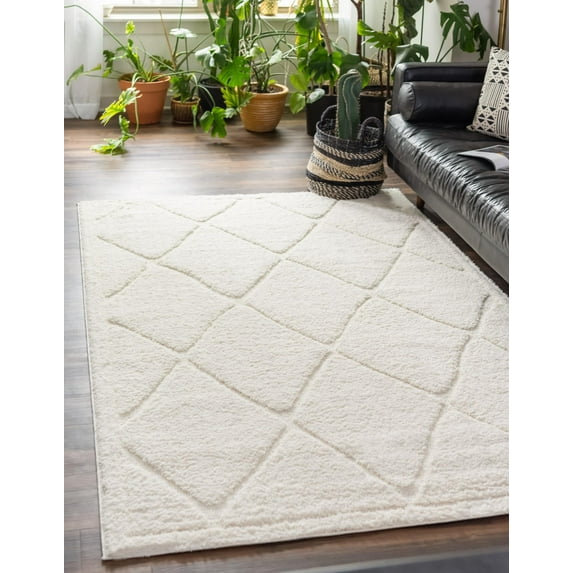 Rugs.com Lattice Shag Collection Rug – 4' x 6' Ivory Shag Rug Perfect For Living Rooms, Large Dining Rooms, Open Floorplans