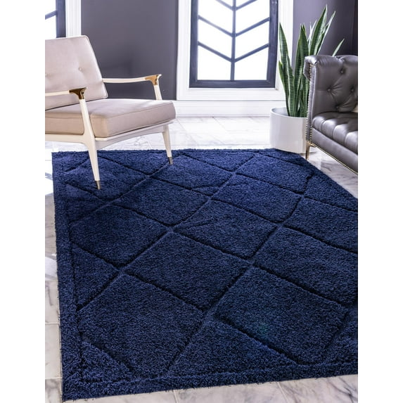Rugs.com Lattice Shag Collection Rug – 5' x 8' Navy Blue Shag Rug Perfect For Living Rooms, Large Dining Rooms, Open Floorplans