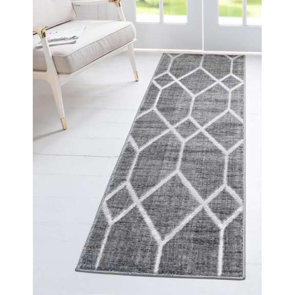 Rugs.com Lattice Trellis Collection Rug – 10 Ft Runner Gray Low-Pile Rug Perfect For Hallways, Entryways