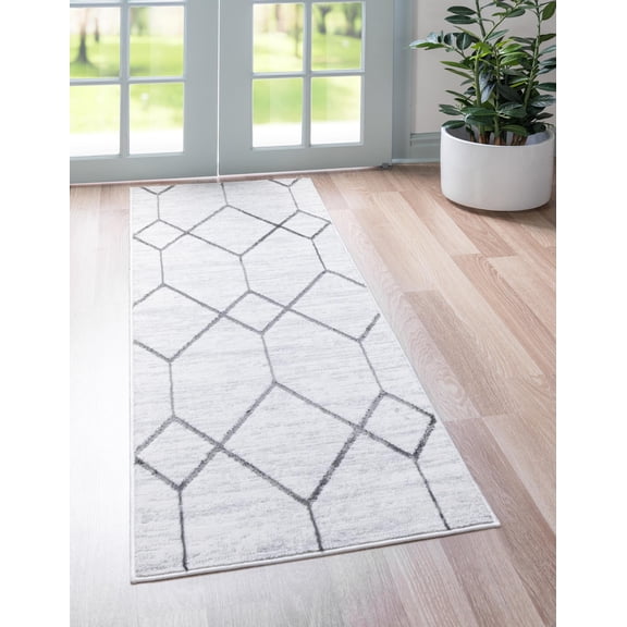 Rugs.com Lattice Trellis Collection Rug – 10 Ft Runner White Low-Pile Rug Perfect For Hallways, Entryways