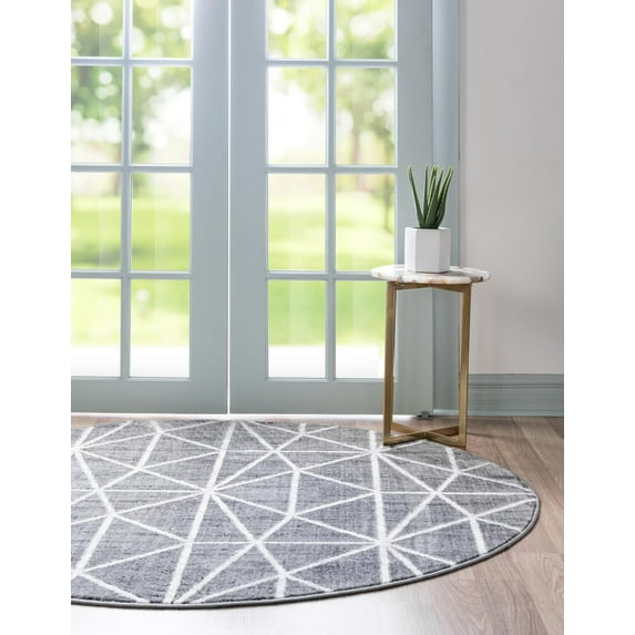 Rugs.com Lattice Trellis Collection Rug – 3 Ft Round Gray Low-Pile Rug Perfect For Kitchens, Dining Rooms