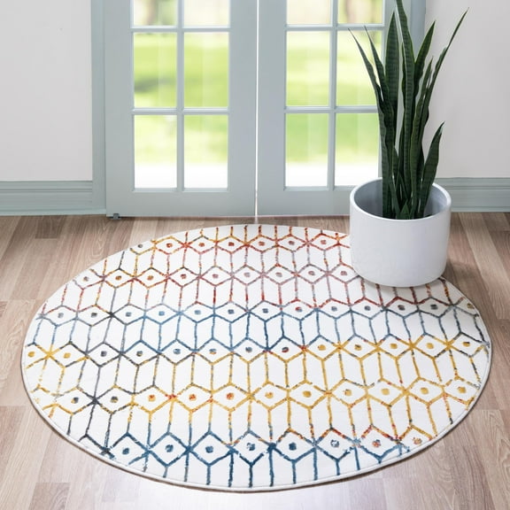 Rugs.com Lattice Trellis Collection Rug – 3 Ft Round Multi Low-Pile Rug Perfect For Kitchens, Dining Rooms