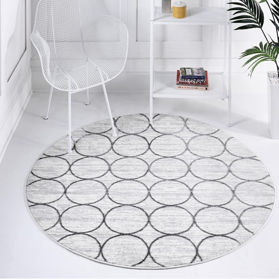 Rugs.com Lattice Trellis Collection Rug – 5 Ft Round White Low-Pile Rug Perfect For Kitchens, Dining Rooms