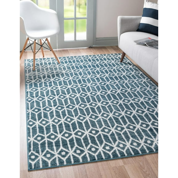 Rugs.com Lattice Trellis Collection Rug – 5' x 8' Blue Low-Pile Rug Perfect For Living Rooms, Large Dining Rooms, Open Floorplans