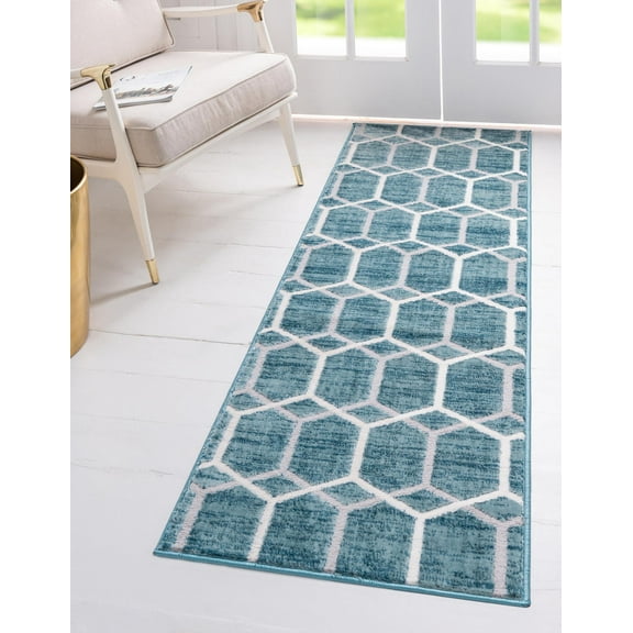 Rugs.com Lattice Trellis Collection Rug – 6 Ft Runner Blue Low-Pile Rug Perfect For Hallways, Entryways