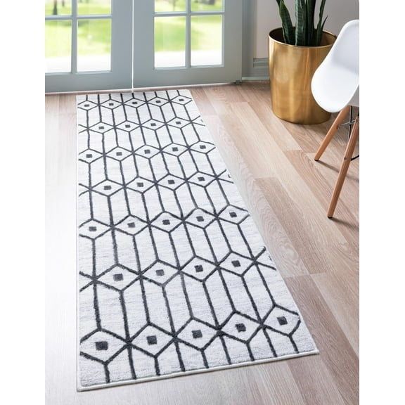 Rugs.com Lattice Trellis Collection Rug – 6 Ft Runner White Low-Pile Rug Perfect For Hallways, Entryways