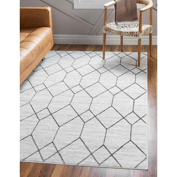 Rugs.com Lattice Trellis Collection Rug – 7' x 10' White Low-Pile Rug Perfect For Living Rooms, Large Dining Rooms, Open Floorplans