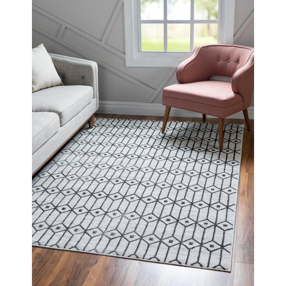 Rugs.com Lattice Trellis Collection Rug – 7' x 10' White Low-Pile Rug Perfect For Living Rooms, Large Dining Rooms, Open Floorplans