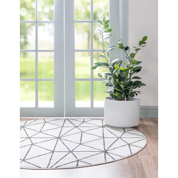 Rugs.com Lattice Trellis Collection Rug – 8 Ft Round White Low-Pile Rug Perfect For Kitchens, Dining Rooms