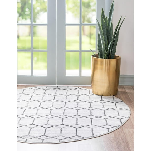Rugs.com Lattice Trellis Collection Rug – 8 Ft Round White Low-Pile Rug Perfect For Kitchens, Dining Rooms