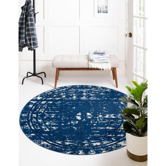 Rugs.com Lennon Collection Rug – 3 Ft Round Navy Blue Medium Rug Perfect For Kitchens, Dining Rooms