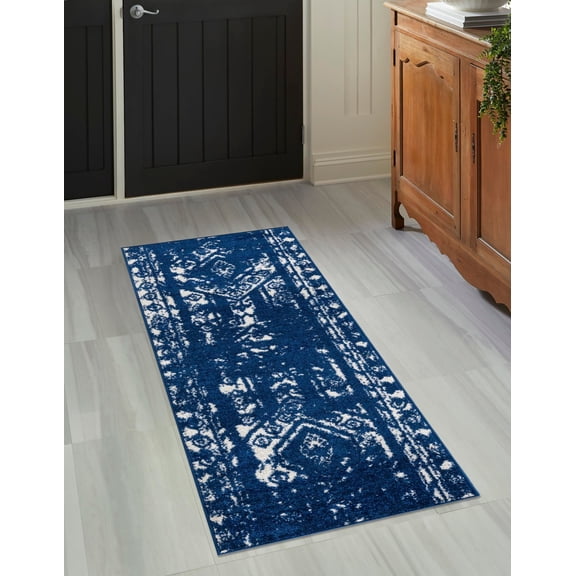 Rugs.com Lennon Collection Rug – 8 Ft Runner Navy Blue Medium Rug Perfect For Hallways, Entryways