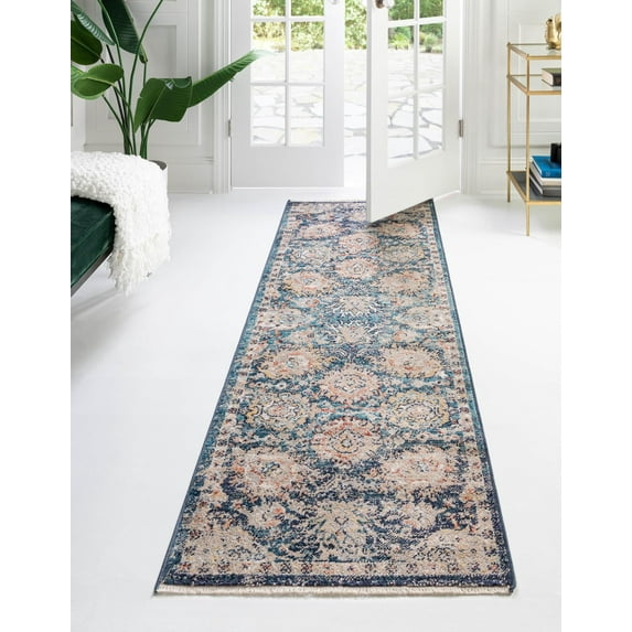 Rugs.com Lola Collection Rug – 16 Ft Runner Blue Medium Rug Perfect For Hallways, Entryways