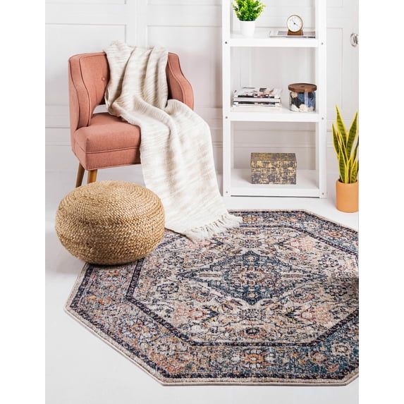 Rugs.com Lola Collection Rug – 4 Ft Octagon Blue Medium Rug Perfect For Living Rooms, Kitchens, Entryways
