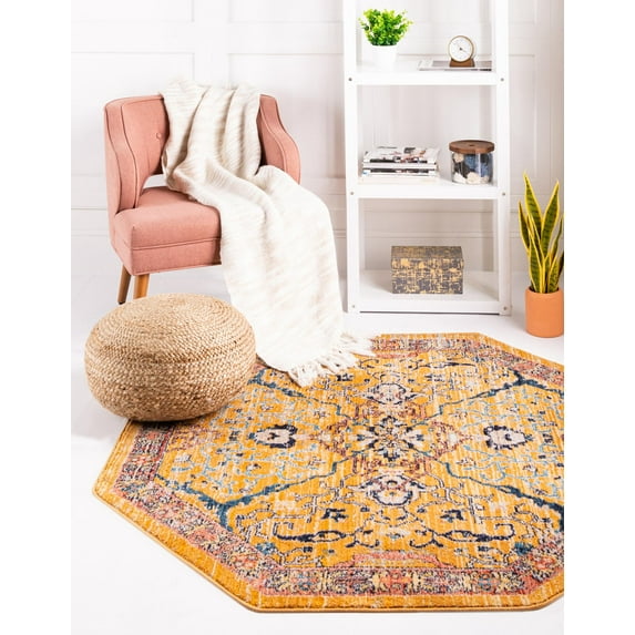 Rugs.com Lola Collection Rug – 4 Ft Octagon Yellow Medium Rug Perfect For Living Rooms, Kitchens, Entryways