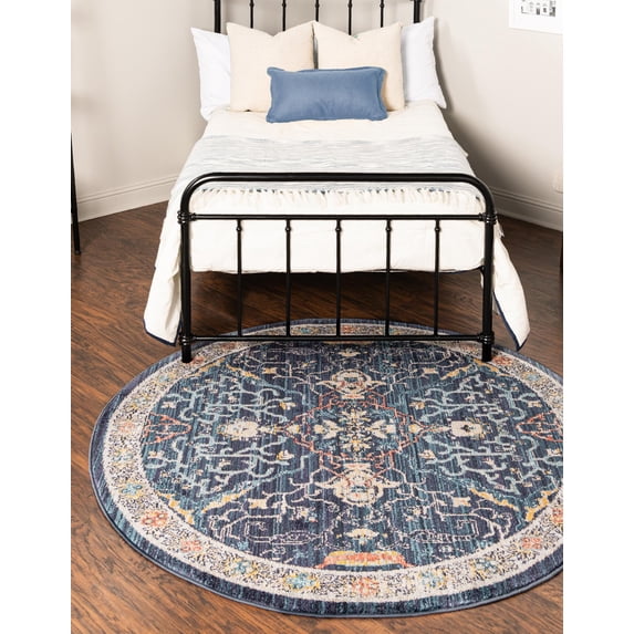 Rugs.com Lola Collection Rug – 4 Ft Round Navy Blue Medium Rug Perfect For Kitchens, Dining Rooms