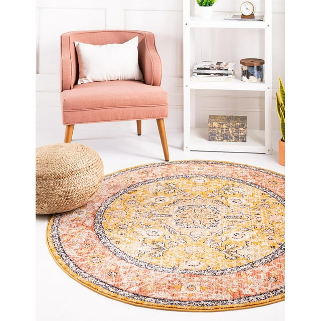 Rugs.com Lola Collection Rug – 4 Ft Round Yellow Medium Rug Perfect For Kitchens, Dining Rooms