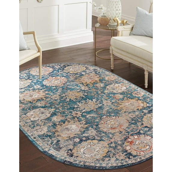 Rugs.com Lola Collection Rug – 4' x 6' Oval Blue Medium Rug Perfect For Living Rooms, Large Dining Rooms, Open Floorplans