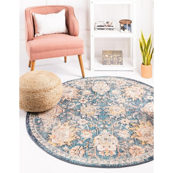 Rugs.com Lola Collection Rug – 5 Ft Round Blue Medium Rug Perfect For Kitchens, Dining Rooms