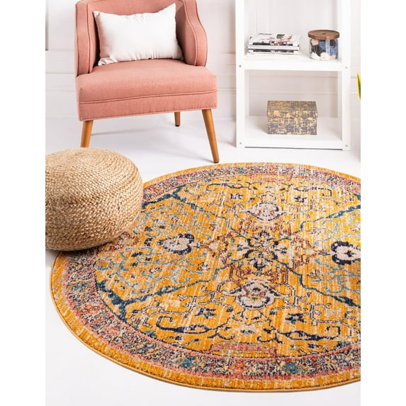 Rugs.com Lola Collection Rug – 5 Ft Round Yellow Medium Rug Perfect For Kitchens, Dining Rooms