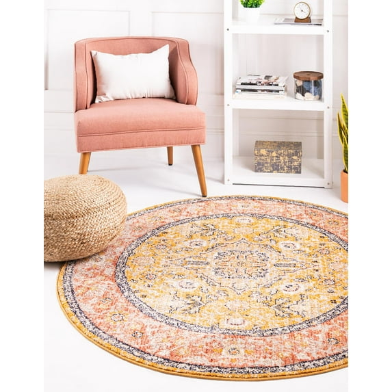 Rugs.com Lola Collection Rug – 7 Ft Round Yellow Medium Rug Perfect For Kitchens, Dining Rooms