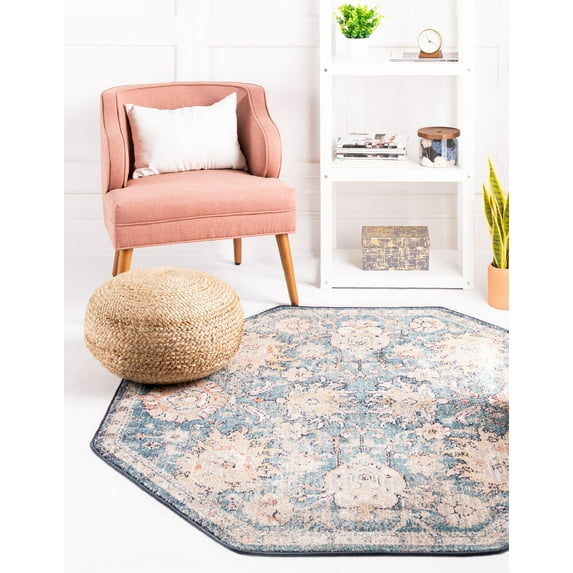 Rugs.com Lola Collection Rug – 8 Ft Octagon Blue Medium Rug Perfect For Living Rooms, Kitchens, Entryways