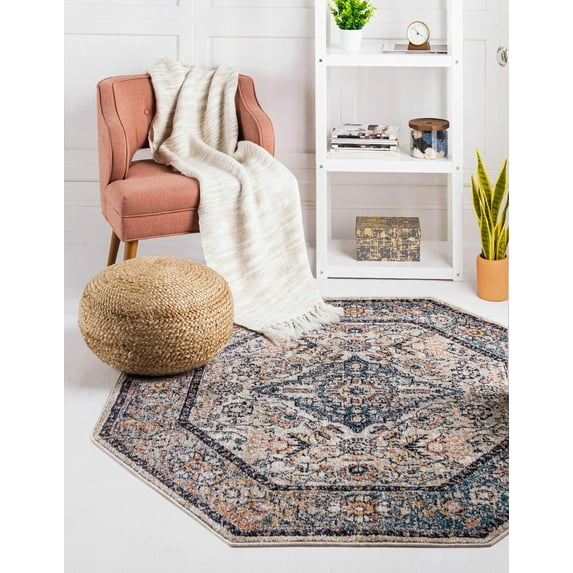 Rugs.com Lola Collection Rug – 8 Ft Octagon Blue Medium Rug Perfect For Living Rooms, Kitchens, Entryways