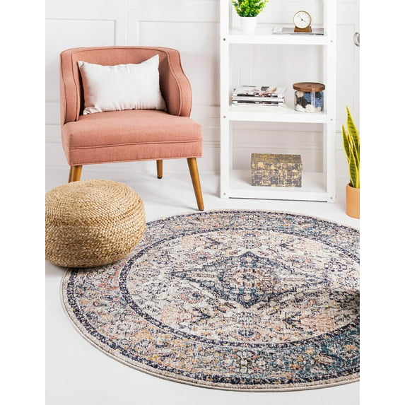 Rugs.com Lola Collection Rug – 8 Ft Round Blue Medium Rug Perfect For Kitchens, Dining Rooms