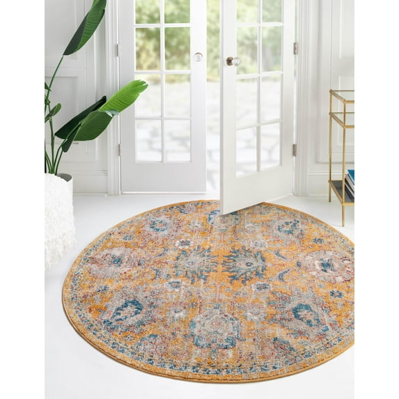 Rugs.com Lola Collection Rug – 8 Ft Round Yellow Medium Rug Perfect For Kitchens, Dining Rooms