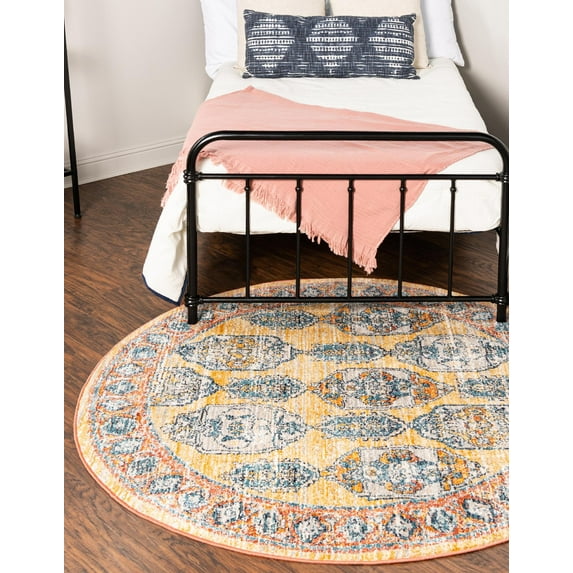 Rugs.com Lola Collection Rug – 8 Ft Round Yellow Medium Rug Perfect For Kitchens, Dining Rooms
