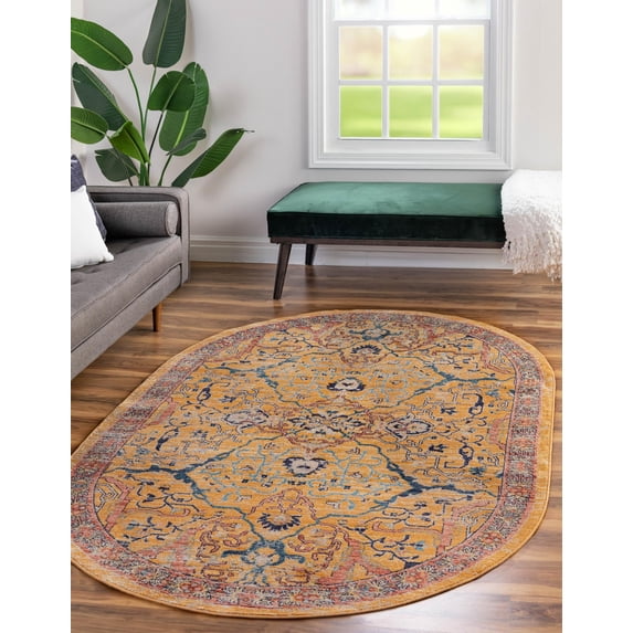 Rugs.com Lola Collection Rug – 8' x 10' Oval Yellow Medium Rug Perfect For Living Rooms, Large Dining Rooms, Open Floorplans