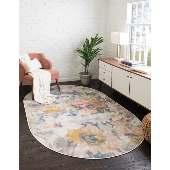 Rugs.com Lotus Collection Rug – 5' x 8' Oval Multi Low Rug Perfect For Living Rooms, Large Dining Rooms, Open Floorplans