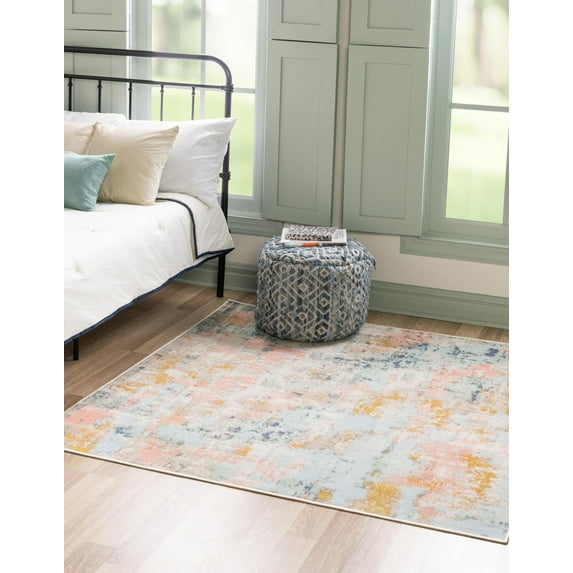 Rugs.com Lotus Collection Rug – 6' Square Multi Low Rug Perfect For Living Rooms, Kitchens, Entryways