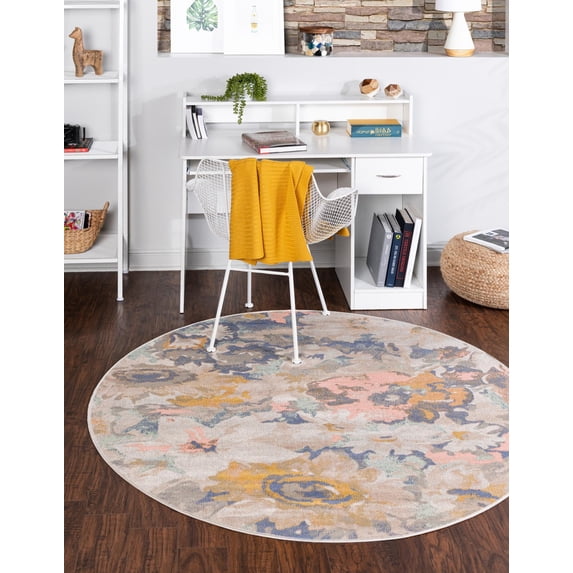Rugs.com Lotus Collection Rug – 7' Round Multi Low Rug Perfect For Kitchens, Dining Rooms
