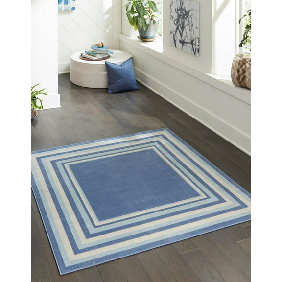 Rugs.com Lotus Collection Rug – 8' Square Blue Low Rug Perfect For Living Rooms, Kitchens, Entryways