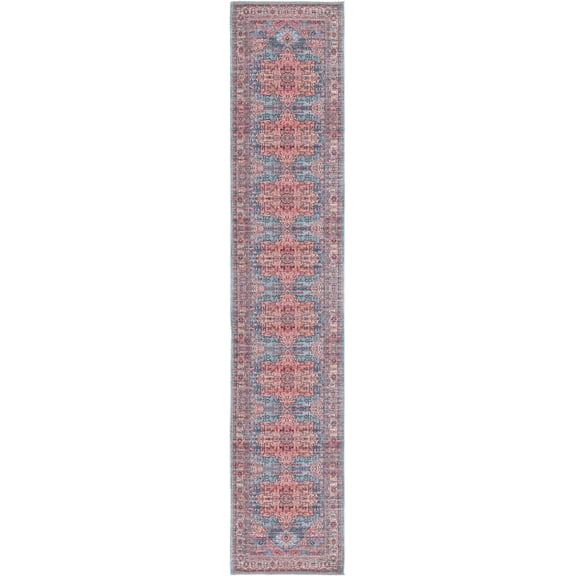Rugs.com Maahru Collection Washable Rug – 10 Ft Runner Blue Low-Pile Rug Perfect For Hallways, Entryways