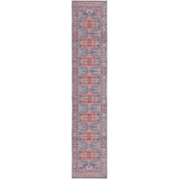 Rugs.com Maahru Collection Washable Rug – 10 Ft Runner Blue Low-Pile Rug Perfect For Hallways, Entryways