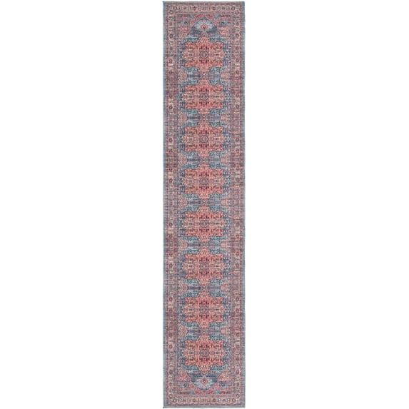 Rugs.com Maahru Collection Washable Rug – 13 Ft Runner Blue Low-Pile Rug Perfect For Hallways, Entryways