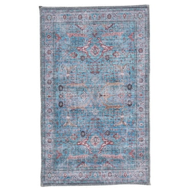 Rugs.com Maahru Collection Washable Rug – 2' x 3' Blue Low-Pile Rug Perfect For Entryways, Kitchens, Breakfast Nooks, Accent Pieces