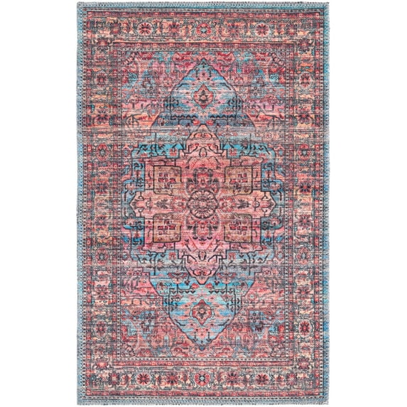 Rugs.com Maahru Collection Washable Rug – 2' x 3' Blue Low-Pile Rug Perfect For Entryways, Kitchens, Breakfast Nooks, Accent Pieces