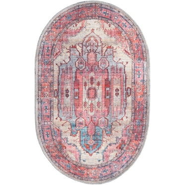 Rugs.com Maahru Collection Washable Rug – 2' x 3' Oval Beige Low-Pile Rug Perfect For Living Rooms, Large Dining Rooms, Open Floorplans