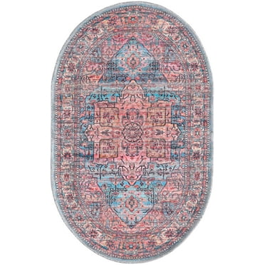 Rugs.com Maahru Collection Washable Rug – 2' x 3' Oval Blue Low-Pile Rug Perfect For Living Rooms, Large Dining Rooms, Open Floorplans