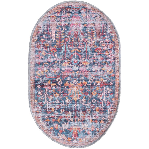 Rugs.com Maahru Collection Washable Rug – 2' x 3' Oval Navy Blue Low-Pile Rug Perfect For Living Rooms, Large Dining Rooms, Open Floorplans