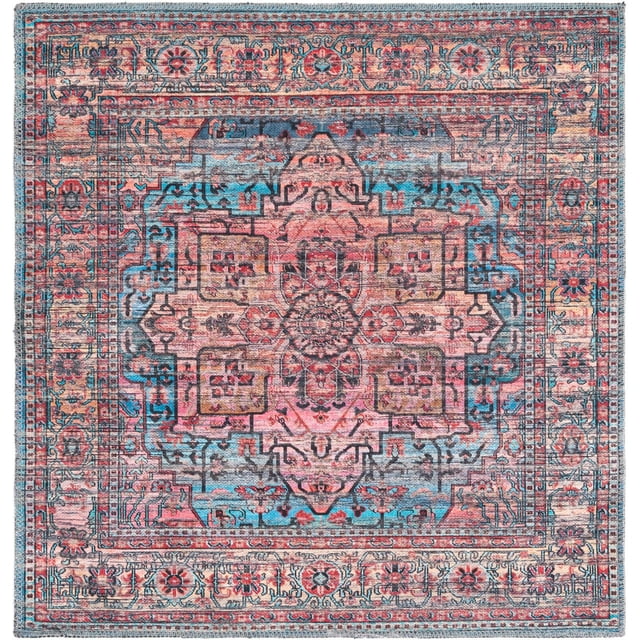 Rugs.com Maahru Collection Washable Rug – 3 Ft Square Blue Low-Pile Rug Perfect For Living Rooms, Kitchens, Entryways