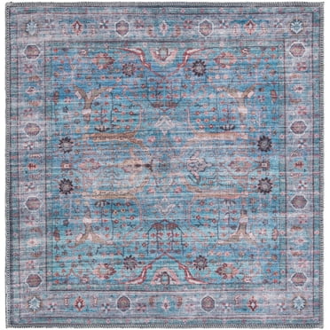 Rugs.com Maahru Collection Washable Rug – 3 Ft Square Blue Low-Pile Rug Perfect For Living Rooms, Kitchens, Entryways