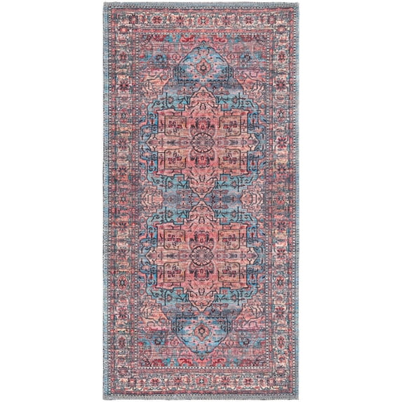 Rugs.com Maahru Collection Washable Rug – 4 Ft Runner Blue Low-Pile Rug Perfect For Hallways, Entryways